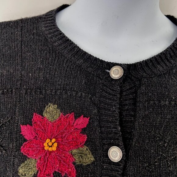 CROFT & BARROW PETITE DK GRAY CHRISTMAS HOLIDAY CARDINAL WREATH + CARDIGAN SWTR - Picture 3 of 5